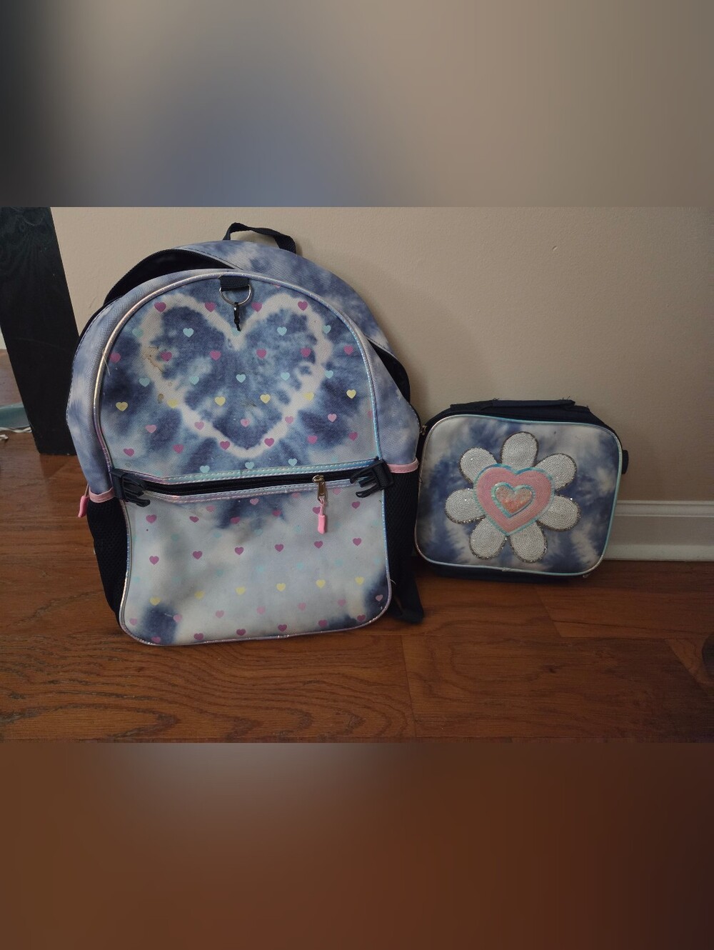 Kids Heart Tie-Dye Backpack and Lunch Bag Set - Blue/Pastel Hearts